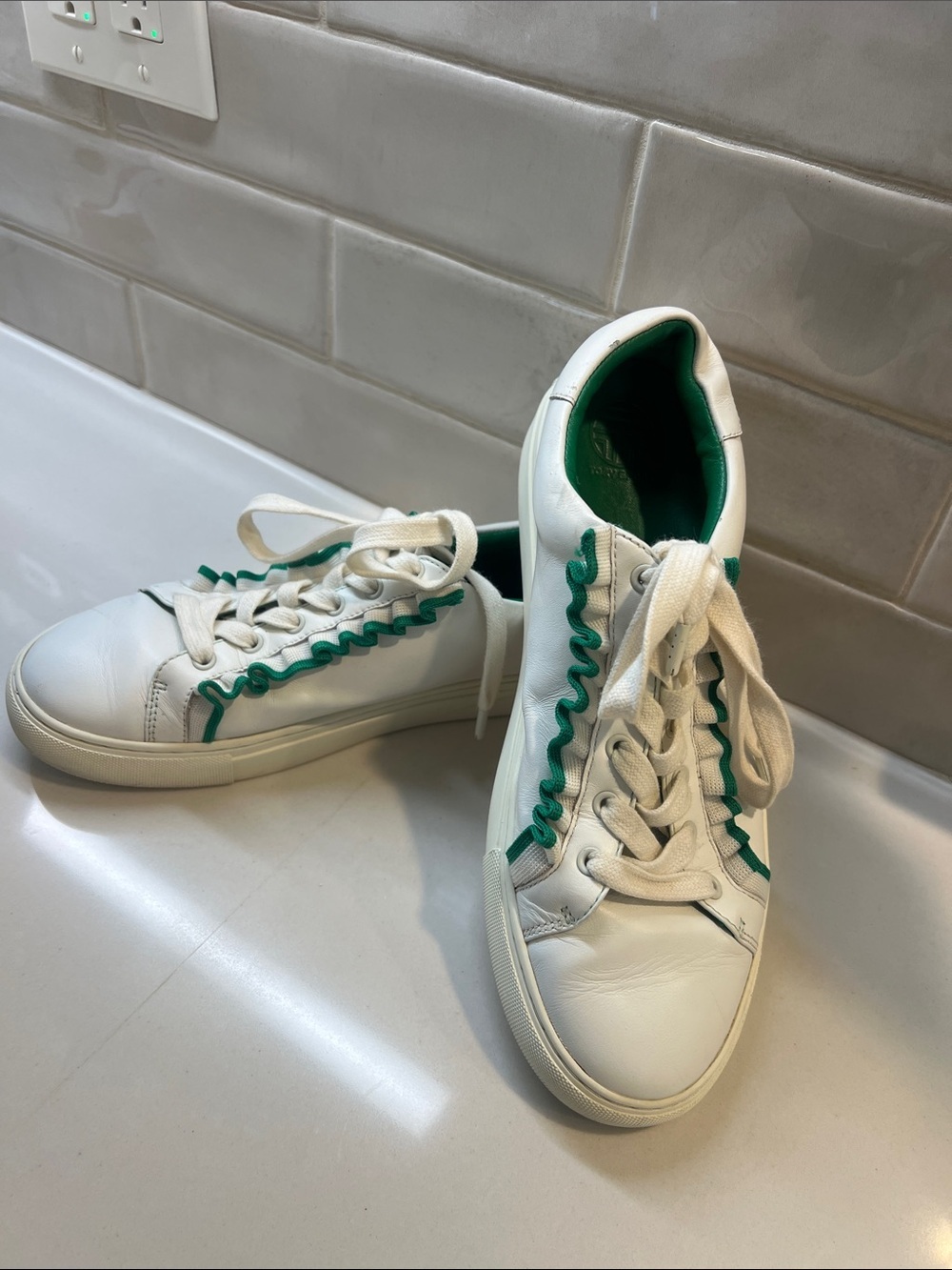 Tory Burch Sport White Leather Sneakers with Green Trim - Picture 1 of 8